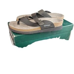 Mephisto Helen Women's Black Leather Cork Footbed Thong Buckle Sandals